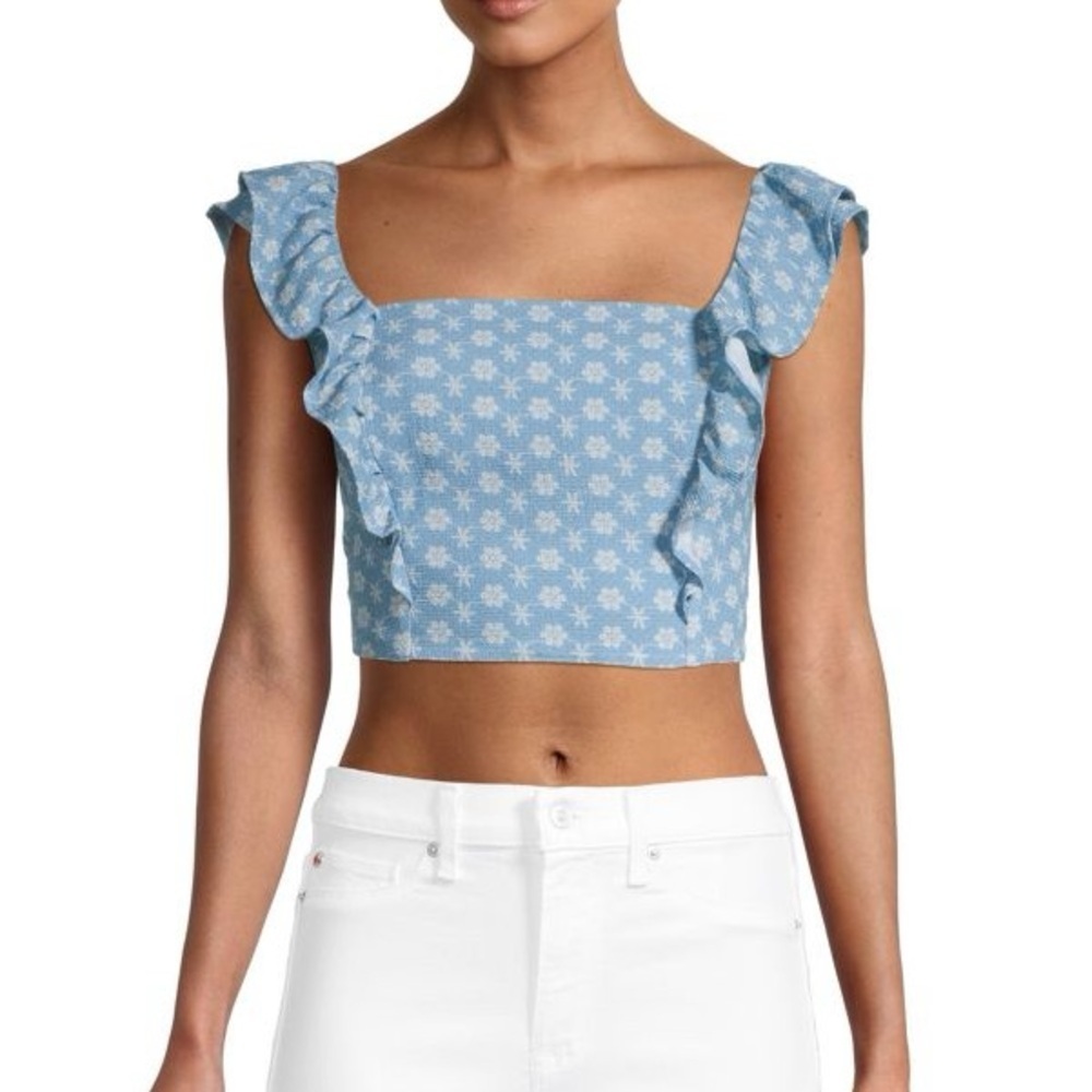 BCBGeneration Tie Back Ruffle Sleeveless Crop Top Floral Powder Blue Floral M - Picture 7 of 8